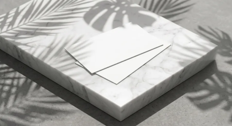 FREE BUSINESS CARD MOCKUP ON MARBLE SLAB — TROPICAL SHADOW SCENE (PSD) mockup preview 2
