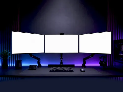 Triple Monitor Mockup – Purple Rgb Gaming Desk Setup (PSD) alternate mockup preview