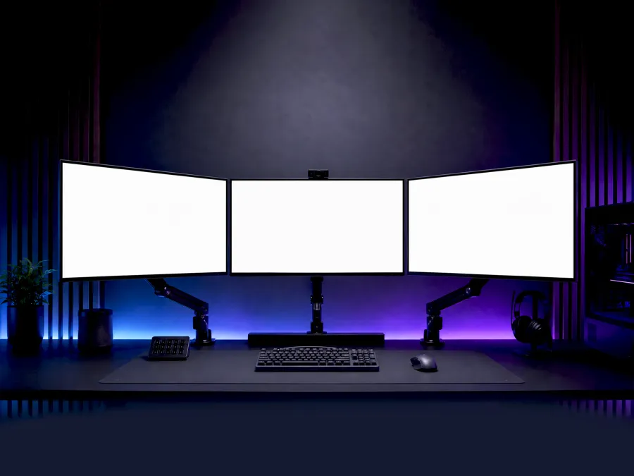 TRIPLE MONITOR MOCKUP – PURPLE RGB GAMING DESK SETUP (PSD) mockup preview 2