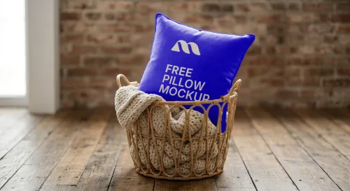 Free Pillow Mockup In Wicker Basket — Farmhouse Rustic (PSD) mockup preview