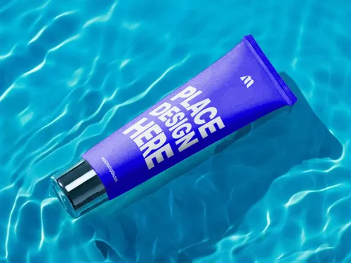 Free Face Wash Tube Mockup Floating On Water — Blue Ripple Scene (PSD) mockup preview