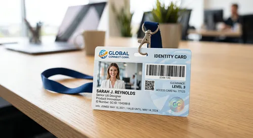 Free Id Card Mockup — Blue Lanyard Office Scene (PSD) mockup preview