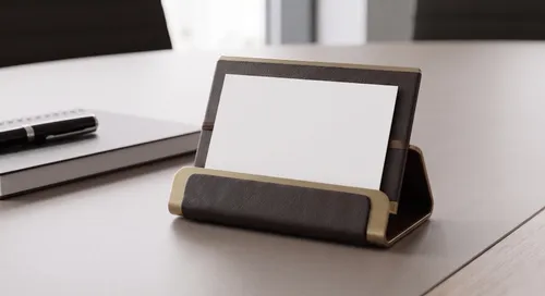 Free Business Card Mockup In Leather Gold Holder — Luxury Desk (PSD) alternate mockup preview