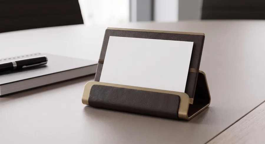 FREE BUSINESS CARD MOCKUP IN LEATHER GOLD HOLDER — LUXURY DESK (PSD) mockup preview 2