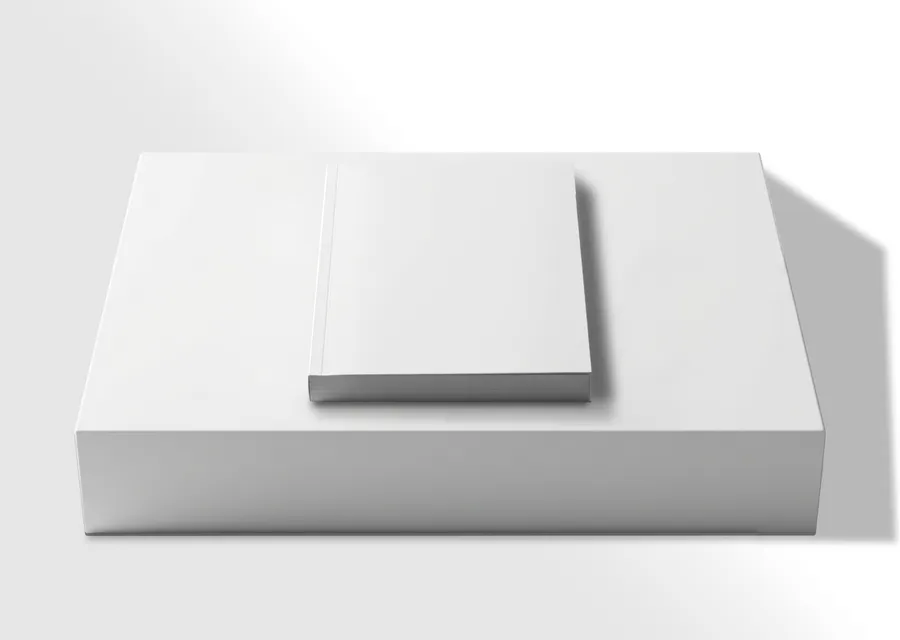 FREE 6X9 BOOK MOCKUP FLAT LAY ON WHITE PEDESTAL — TOP ANGLE VIEW (PSD) mockup preview 2