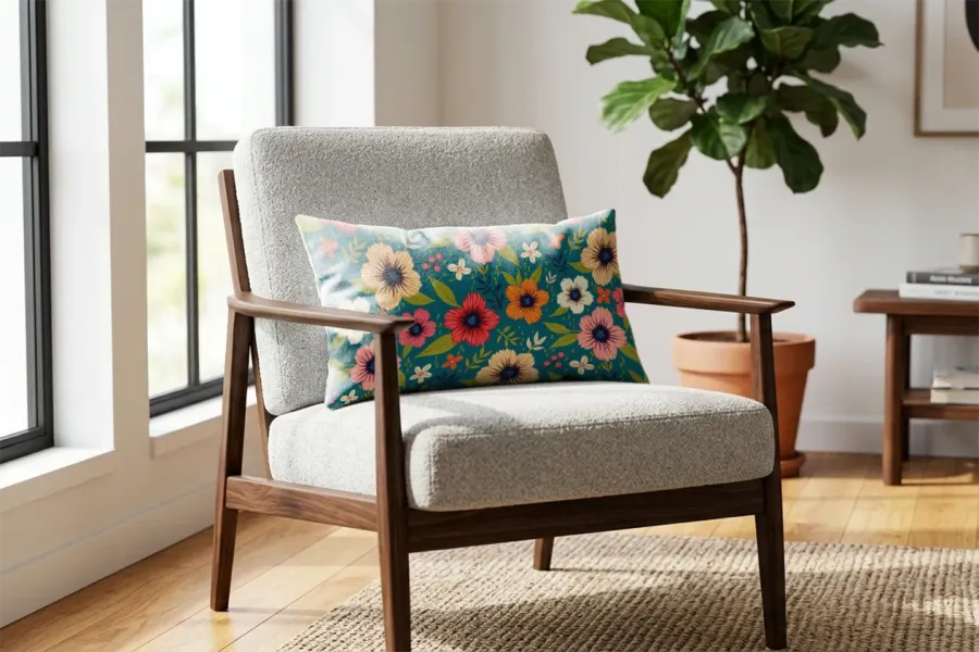 FREE SQUARE PILLOW MOCKUP — LIVING ROOM ARMCHAIR LIFESTYLE (PSD) mockup preview 2