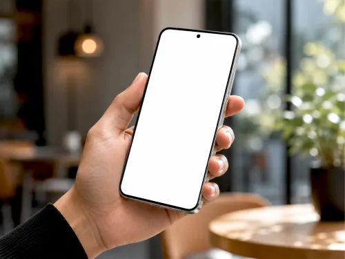 Phone In Hand Mockup – Galaxy S25 Style Cafe Scene (PSD) alternate mockup preview