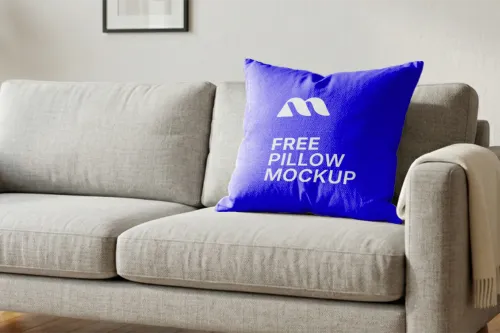 Free Pillow Mockup On Linen Sofa With Throw Blanket (PSD) mockup preview