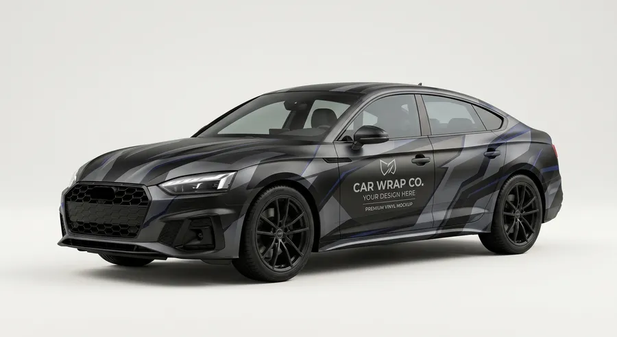 FREE SPORT SEDAN CAR WRAP MOCKUP — GEOMETRIC CAMO LIVERY (PSD) mockup preview 2