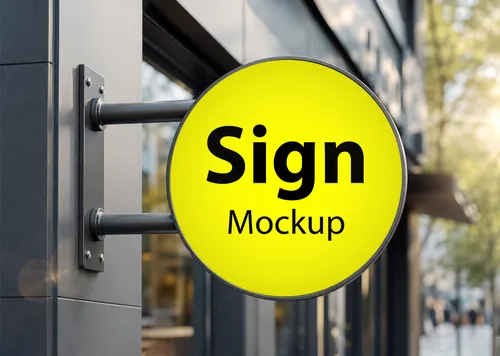 Free Round Outdoor Shop Sign Mockup — Wall Mounted Street View (PSD) mockup preview