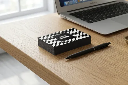 Free Business Card Stack Mockup — Macbook Daylight Desk (PSD) mockup preview