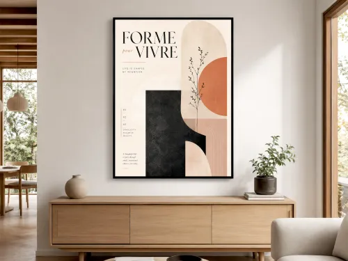 Black framed poster mockup hanging on wall above wooden sideboard  in modern living room with plants and natural light