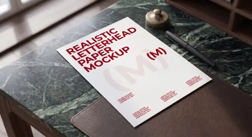 Free Letterhead Mockup On Marble Desk With Seal Stamp (PSD) mockup preview