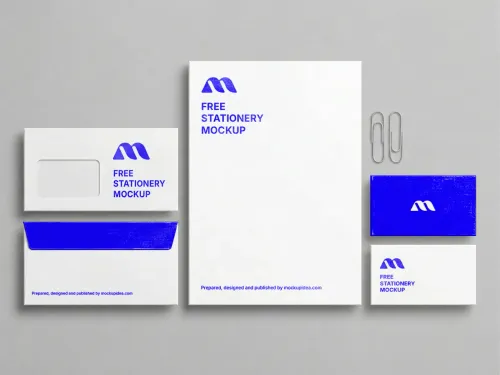 Free Stationery Branding Mockup Set — Window Envelope Blue Card (PSD) mockup preview