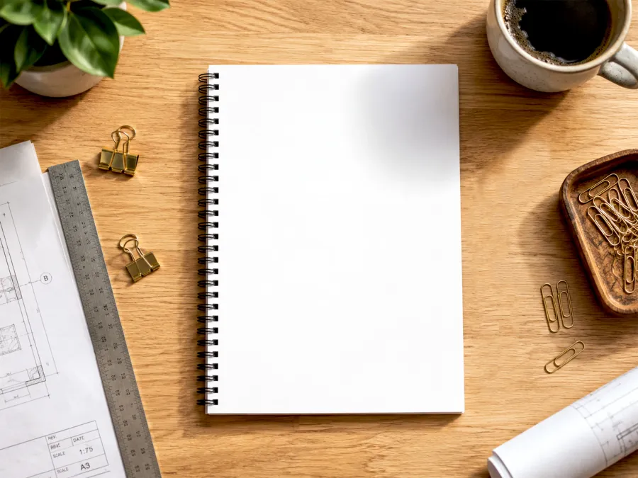 Spiral-Bound Notepad Mockup – Architect Desk Flat Lay mockup preview 2