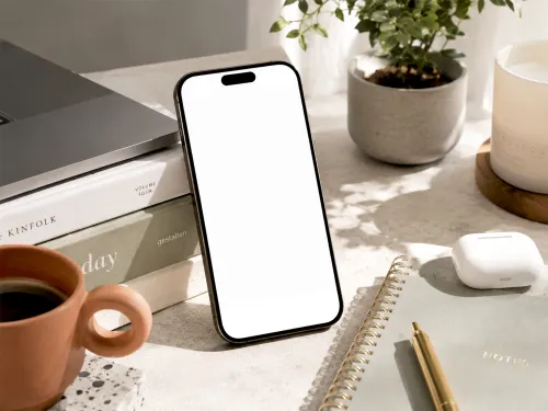 Iphone 15 Pro Max Mockup – Styled Desk Stand Scene (PSD) alternate mockup preview