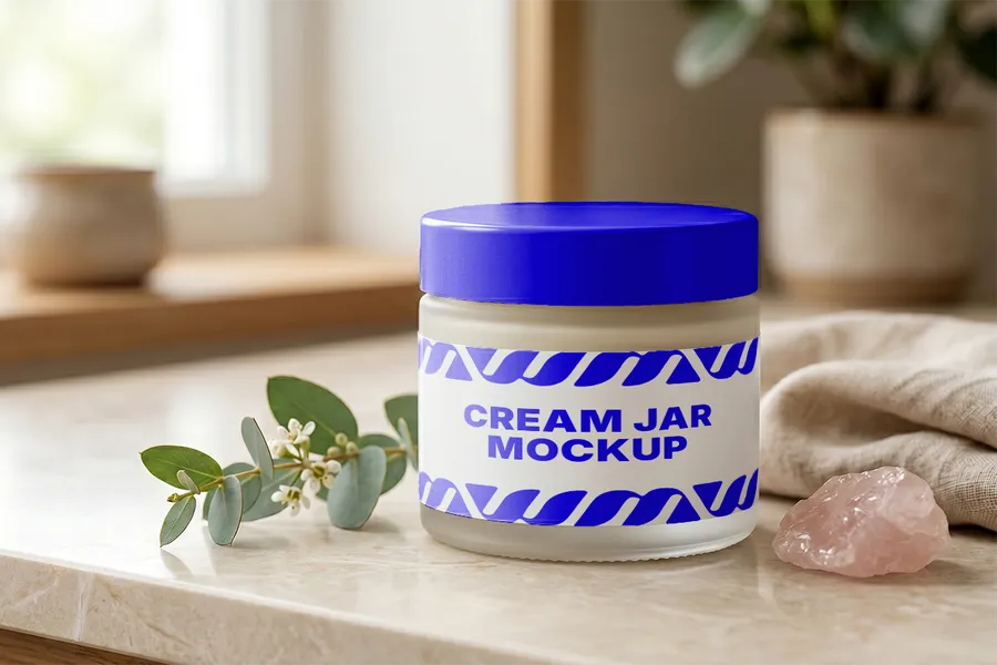 FREE COSMETIC CREAM JAR MOCKUP ON MARBLE — ORGANIC SPA SCENE (PSD) mockup preview 2
