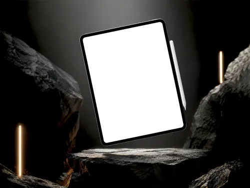 Free Tablet & Stylus Mockup — Dark Rock Cinematic Scene (PSD) alternate mockup preview