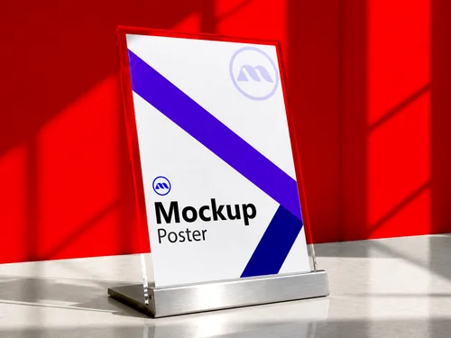 Free Acrylic Table Sign Stand Mockup — Red Wall Window Shadow (PSD) mockup preview