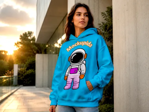 Female model wearing oversized sky blue graphic hoodie mockup  outdoors at sunset with editable design print