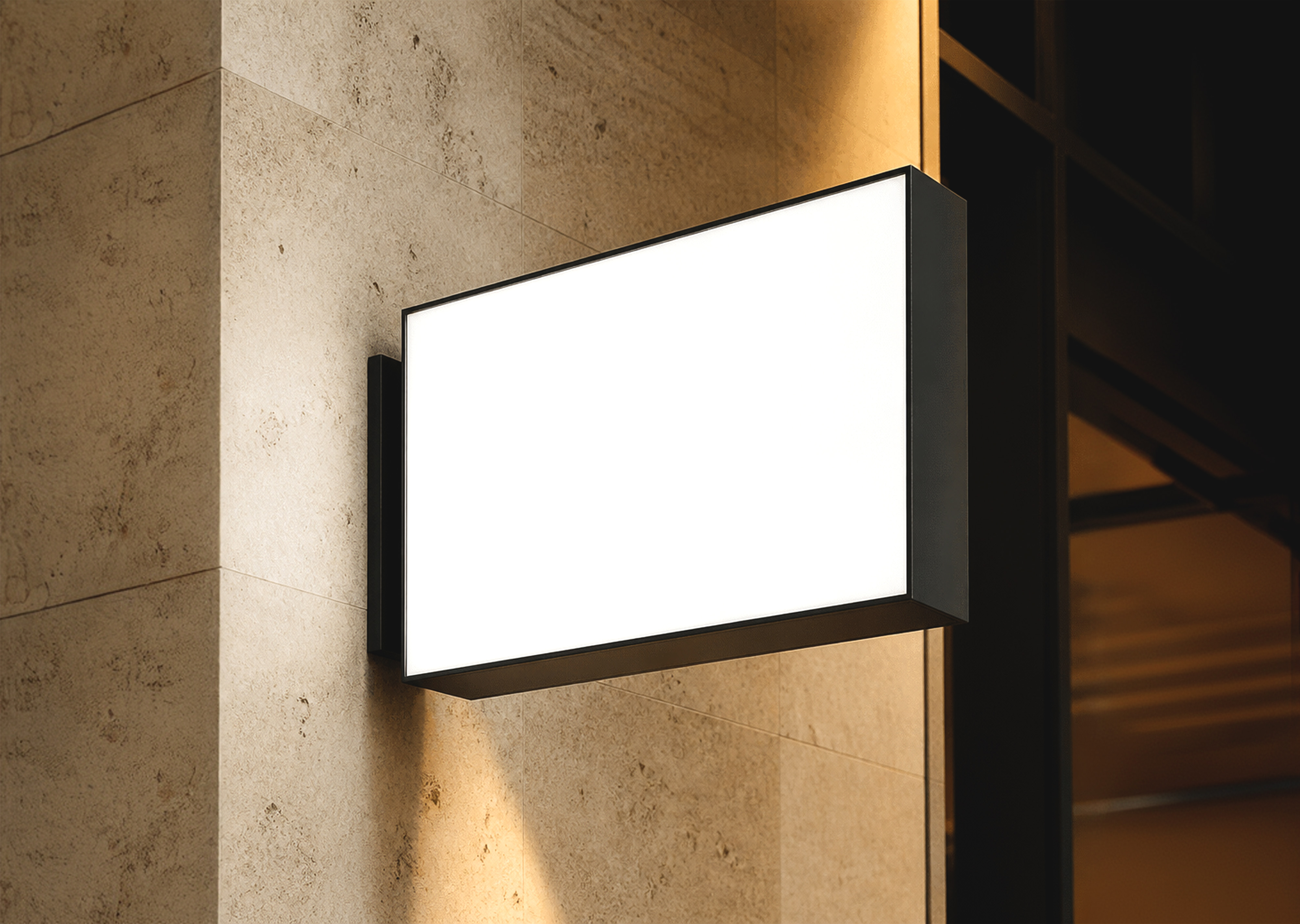 Free Illuminated Rectangular Blade Sign Mockup On Stone Wall (PSD) alternate mockup preview