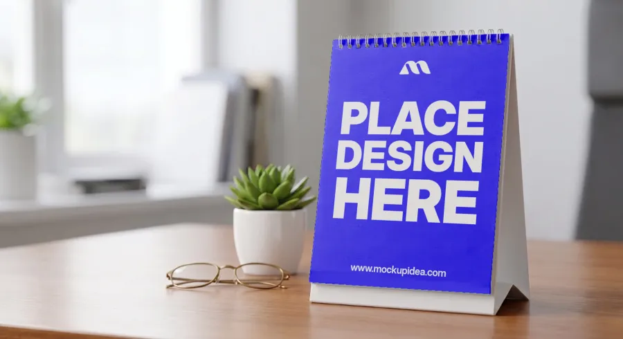 FREE TENT CALENDAR MOCKUP — DESK LIFESTYLE GOLD GLASSES (PSD) mockup preview 2