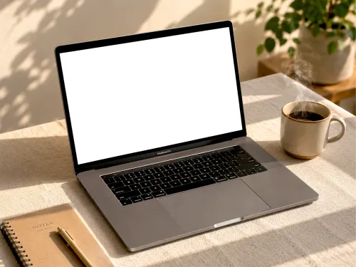 Macbook Pro Mockup – Sunlit Desk Scene With Coffee (PSD) alternate mockup preview
