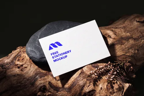 Free Business Card Mockup On Driftwood And Stone — Nature Scene (PSD) mockup preview