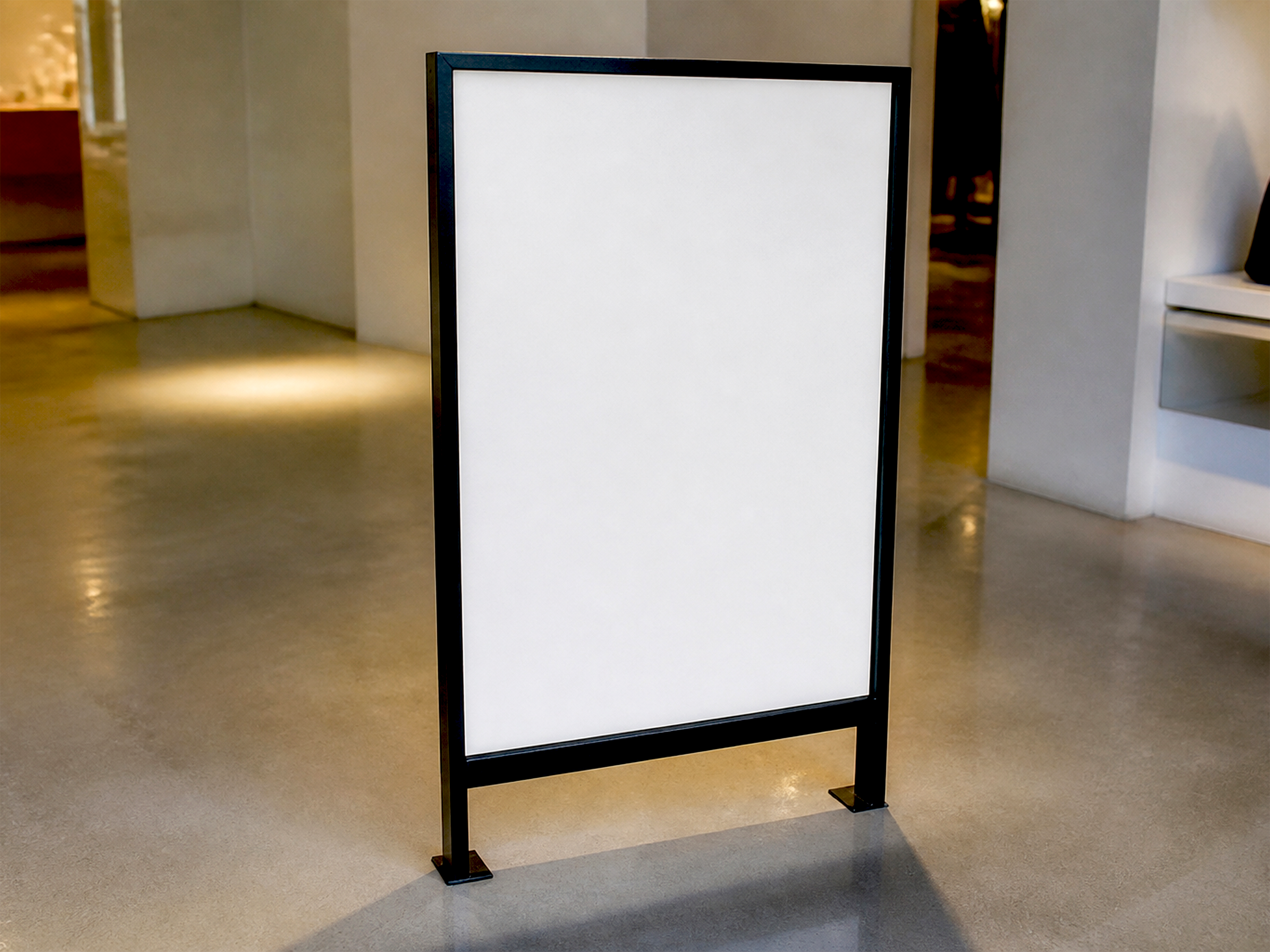 FREE FREESTANDING POSTER STAND MOCKUP — INDOOR RETAIL GALLERY SCENE (PSD) mockup preview 2