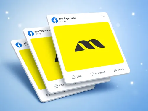 Three stacked Facebook post mockups with yellow image area, page  name, like comment share buttons, on blue sparkle background
