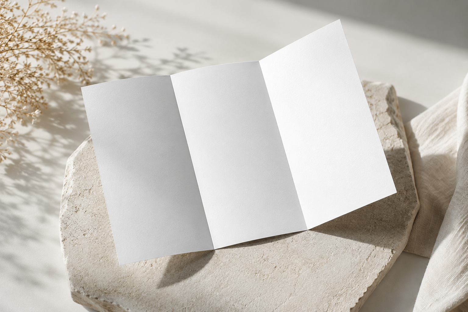 Free Trifold Brochure Mockup On Natural Stone — Organic Sunlight Scene (PSD) alternate mockup preview