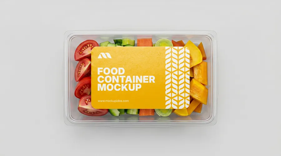 FREE CLEAR PLASTIC FOOD CONTAINER MOCKUP WITH LABEL SLEEVE — TOP VIEW (PSD) mockup preview 3