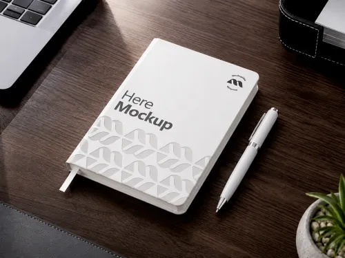 Branded Notebook and Pen Combo Mockup – Dark Wood Desk alternate mockup preview