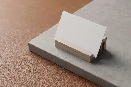 Free Business Card Mockup In Wooden Holder On Concrete — Leather Desk (PSD) alternate mockup preview