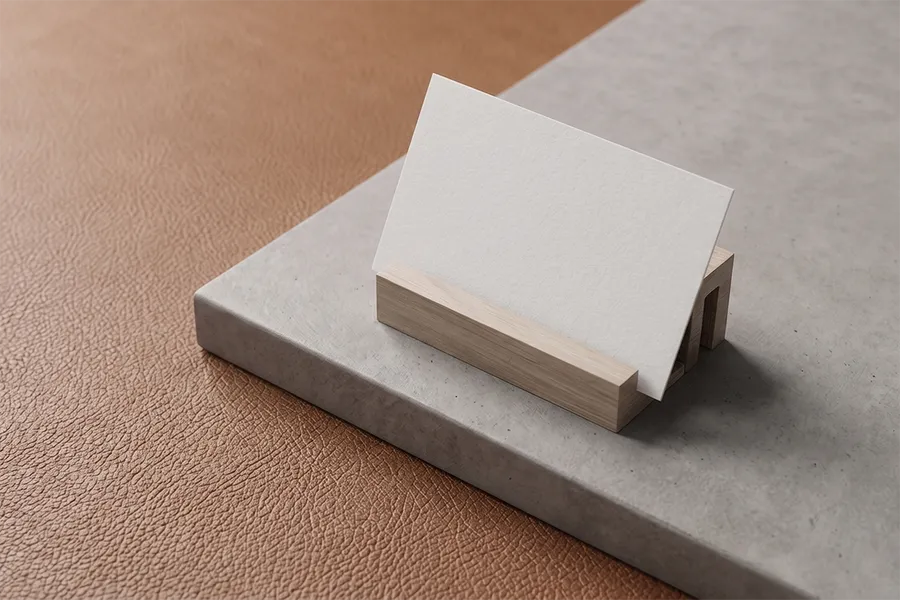 FREE BUSINESS CARD MOCKUP IN WOODEN HOLDER ON CONCRETE — LEATHER DESK (PSD) mockup preview 2