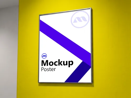Free Framed Poster Mockup On Vibrant Yellow Wall — Perspective View (PSD) mockup preview