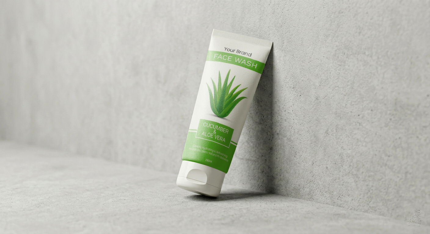 FREE FACE WASH TUBE MOCKUP LEANING AGAINST CONCRETE WALL (PSD) mockup preview 3