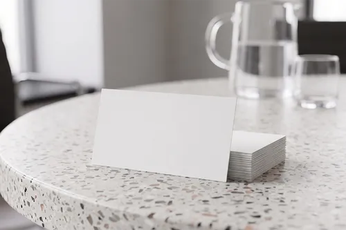Free Business Card Stack Mockup On Terrazzo Table — Meeting Room (PSD) alternate mockup preview