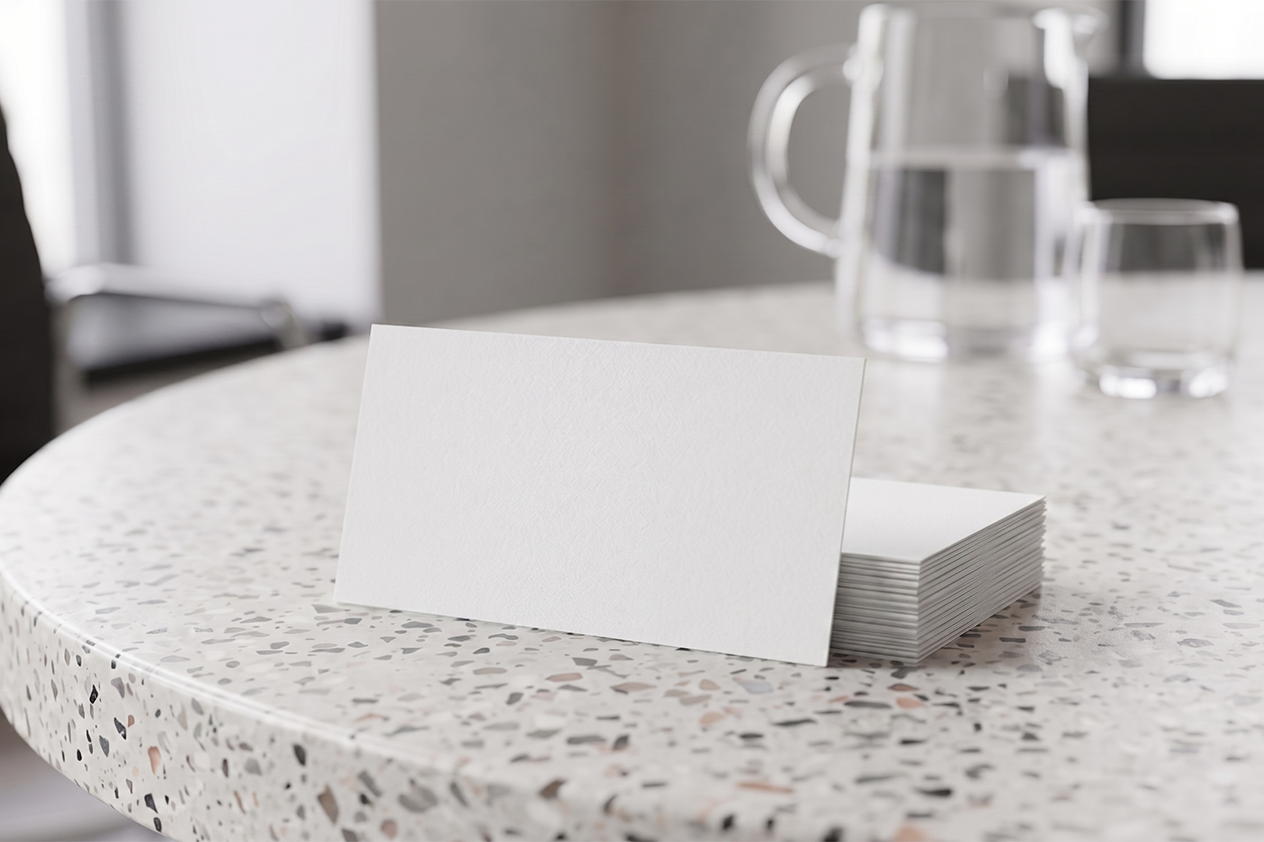 FREE BUSINESS CARD STACK MOCKUP ON TERRAZZO TABLE — MEETING ROOM (PSD) mockup preview 2