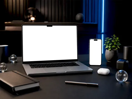 Macbook Iphone Airpods Mockup – Matching Desk Set (PSD) alternate mockup preview