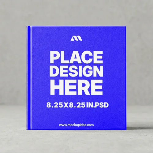 Free 8.25x8.25 Square Hardcover Book Mockup — Front Standing View (PSD) mockup preview