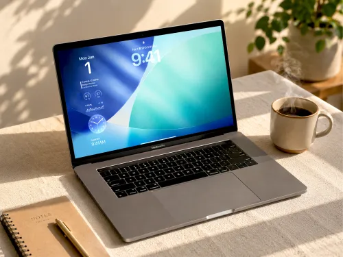 Macbook Pro Mockup – Sunlit Desk Scene With Coffee (PSD) mockup preview