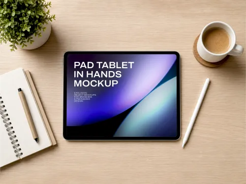 Tablet Flat Lay Mockup – Stylus Notebook Desk Top View (PSD) mockup preview