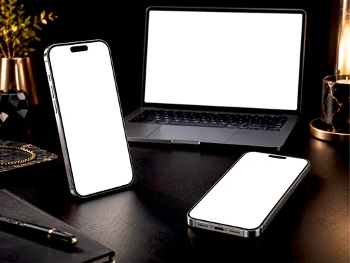 Free Dual Iphone & Macbook Mockup — Bright Workspace (PSD) alternate mockup preview