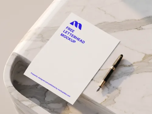 Free Letterhead Mockup — Marble Surface Black Gold Pen (PSD) mockup preview