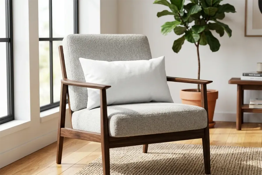 FREE SQUARE PILLOW MOCKUP — LIVING ROOM ARMCHAIR LIFESTYLE (PSD) mockup preview 3