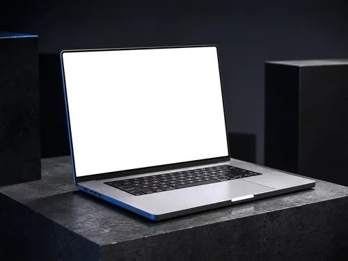 Free Macbook Pro Mockup On Dark Stone Pedestal — Cinematic Scene (PSD) alternate mockup preview