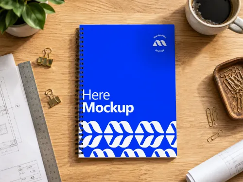 Blue spiral-bound notepad mockup with white pattern on wood desk,  flat lay with ruler, binder clips, coffee and blueprints