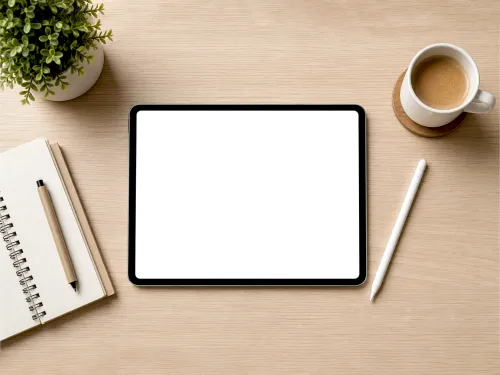 Tablet Flat Lay Mockup – Stylus Notebook Desk Top View (PSD) alternate mockup preview