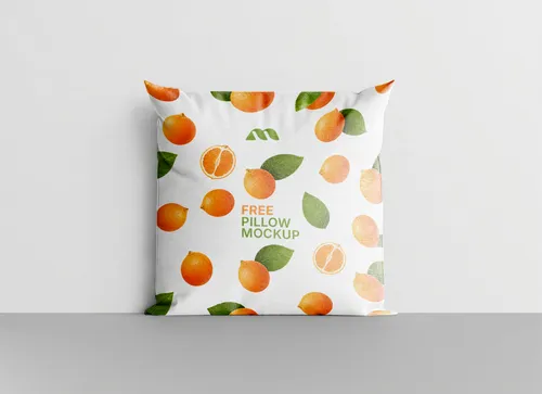 Free Square Pillow Mockup Standing Upright Against Wall — Studio (PSD) alternate mockup preview